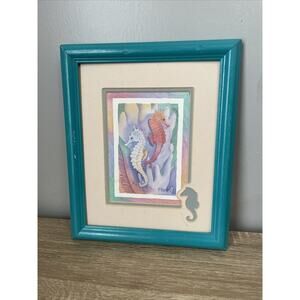 P Brent Framed Seahorse Watercolor Print Double Matted Wood Frame Beach 12”x10”